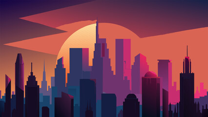 As the sun sets over the city a dazzling display of colors illuminates the skyline. The citys buildings seem to breathe and pulse as if alive - obrazy, fototapety, plakaty