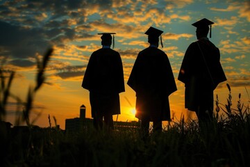 Three Graduates Celebrating Their Academic Achievement at Scenic Sunset, Embracing the Promise of a Bright and Successful Future