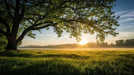 Sunrise over a tranquil green field with a lone tree - obrazy, fototapety, plakaty