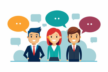 Vector art of Discussion and Communication concept for banner, website design, or landing page. Business people talking about project work standing in the speech bubbles. Vector illustration