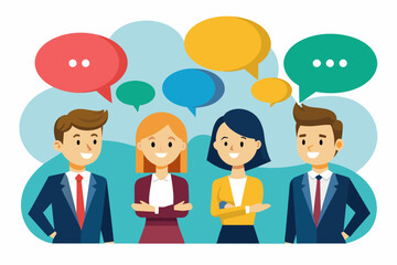 Fototapeta premium Vector art of Discussion and Communication concept for banner, website design, or landing page. Business people talking about project work standing in the speech bubbles. Vector illustration