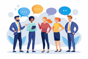 Vector art of Discussion and Communication concept for banner, website design, or landing page. Business people talking about project work standing in the speech bubbles. Vector illustration