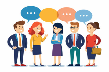 Vector art of Discussion and Communication concept for banner, website design, or landing page. Business people talking about project work standing in the speech bubbles. Vector illustration
