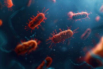 Detailed 3D Rendering of Red Bacteria Cells Under Microscope, Scientific Illustration of Viral and Bacterial Cells in a Biological Environment