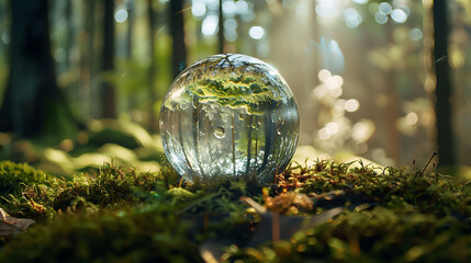 crystal ball on moss in the forest - environmental concept - obrazy, fototapety, plakaty