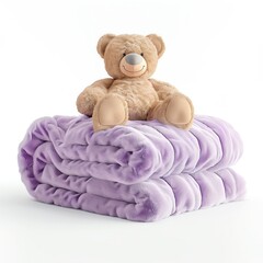 Obraz na płótnie Canvas Soft, plush baby blanket in gentle lavender, neatly folded with a teddy bear on top, 3D illustration, white background.
