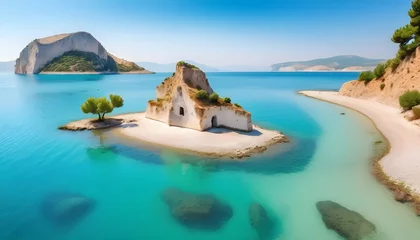 Fotobehang Bright-spring-view-of-the-Cameo-Island--Picturesque-morning-scene-on-the-Port-Sostis--Zakinthos-island--Greece--Europe--Beauty-of-nature-concept-background © ehtasham