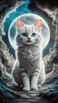 A celestial white cat gazes with striking blue eyes, framed by a luminous moon halo in a mystical cosmic landscape, radiating otherworldly beauty.