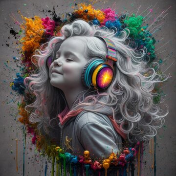 A child is immersed in a world of music, her headphones alight with vibrant fractals, while her hair and surroundings explode in a dynamic, colorful burst, symbolizing the joy and creativity of sound.