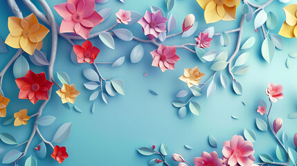 Elegant colorful 3d flowers with leaves on tree illustration background. 3d abstraction wallpaper for Interior mural painting wall art decoration.