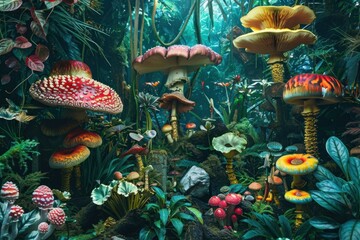 Vivid and colorful toadstools and mushrooms in a lush green forest setting with dappled sunlight shining through the leaves and branches