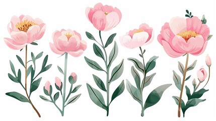 Pink peonies are illustrated with a watery aesthetic, featuring clean lines and soft pastel colors in white background.