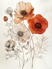 Delicate flowers depicted on plain paper with light brown accents, showcasing flawless line work and intricate storytelling through whimsical floral designs.