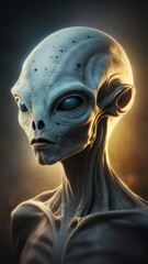 A highly detailed portrait of an alien being, with large eyes and a serene expression, highlighted by a warm, dramatic backlight.