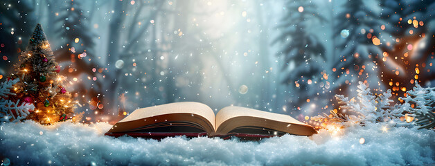 Magical Christmas fairy-tale background with an open book and snowy forest, perfect for winter holiday-themed designs and storytelling events. - obrazy, fototapety, plakaty