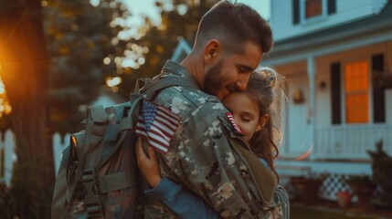 Military reunion between father and daughter hugging at front house.