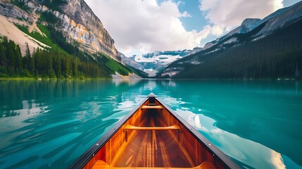 lake louise banff national park. Excitement of canoeing on a tranquil lake, International Tour Day, Tourism, - obrazy, fototapety, plakaty