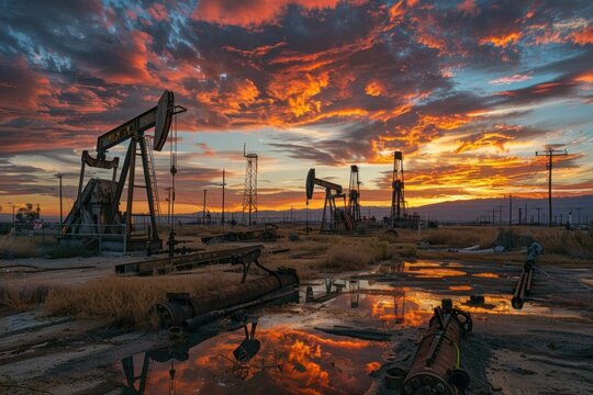 Stunning sunset over a remote oil field with active pump jacks and a cloudy sky reflecting in the puddles on the ground