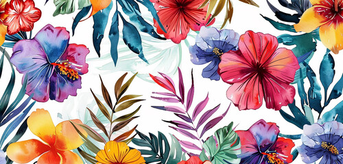 A broad canvas depicting a watercolor pattern of vibrant, tropical flowers and foliage, with rich colors standing out against a white background. 32k, full ultra hd, high resolution