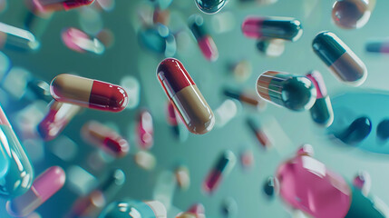 Pharmacy and medicine, antidepressants and vitamins concept. A bunch of flying pills and medicinal capsules. - obrazy, fototapety, plakaty