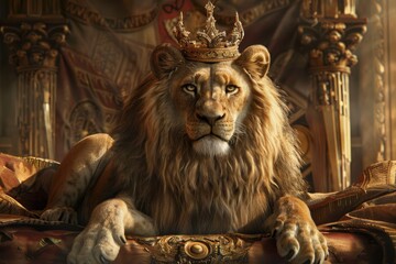lion king wear crown on castle or palace 