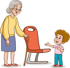 The child gives way to the grandmother on public transport. Manifestation of goodness. Good deeds. Vector illustration