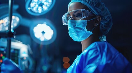 Cooperating team of doctors and surgeons processing surgical operation in operating room modern hospital emergency department. Heart surgery. Nurse stands at the table with instruments.