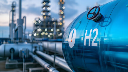 Close up of an industrial "H2" fuel storage tank with a hydrogen power plant background symbolizing the transition to net zero emissions by 2050
