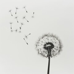 A single dandelion with seeds blowing in the wind against a clear background, symbolizing change and the cycle of nature.