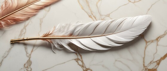 feather resting on a luxurious marble background - obrazy, fototapety, plakaty