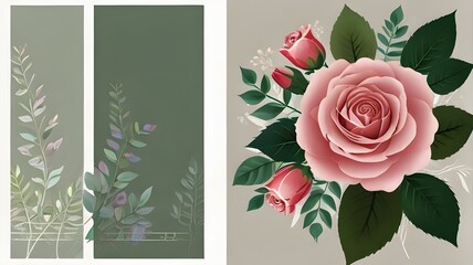 card with roses Arrangement of flowering branches. Green leaves, pink rose flower. Flower-themed wedding concept. floral invitation and poster. Vector designs for invitations or greeting cards 