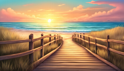 Sunset Glow Over Beach Boardwalk Watercolor Painting - obrazy, fototapety, plakaty