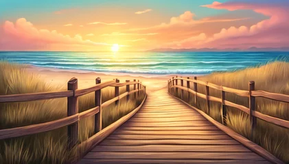 Foto op Canvas Sunset Glow Over Beach Boardwalk Watercolor Painting © liamalexcolman