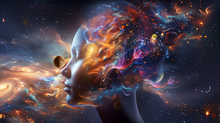 Cosmic Human Head with Galactic Brain Illustration in Space