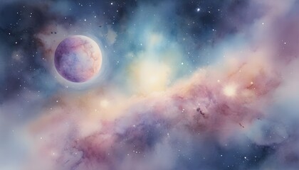Watercolor painting of universe, galaxy, planets. 