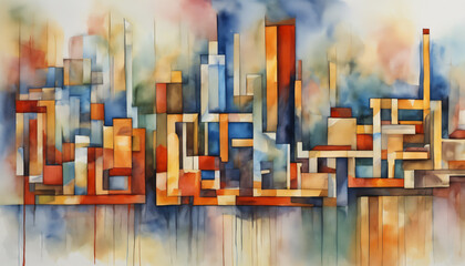 Abstract Colorful Cityscape Watercolor Painting
