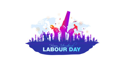 Labor day celebration background. Happy labour worker with building city skyline illustration for International Labour day.