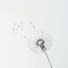 Naklejka premium A single dandelion with seeds dispersing against a white background, symbolizing change and fragility.