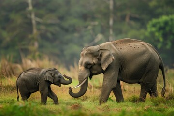 mother elephant and adorable baby in savannah 