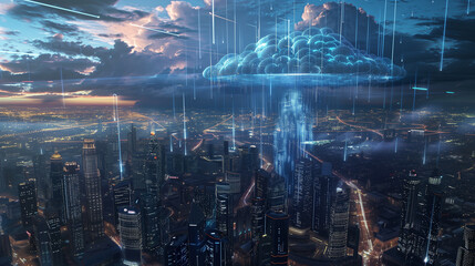 Fototapeta na wymiar Futuristic Cloud Computing Concept Over Illuminated Cityscape