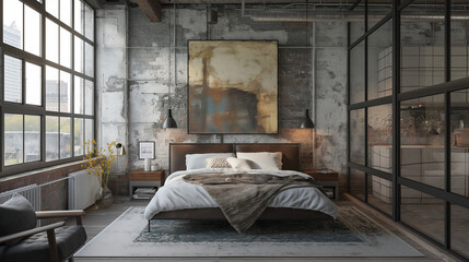 Bedroom interior in loft industrial style frame mockup. Generative AI
