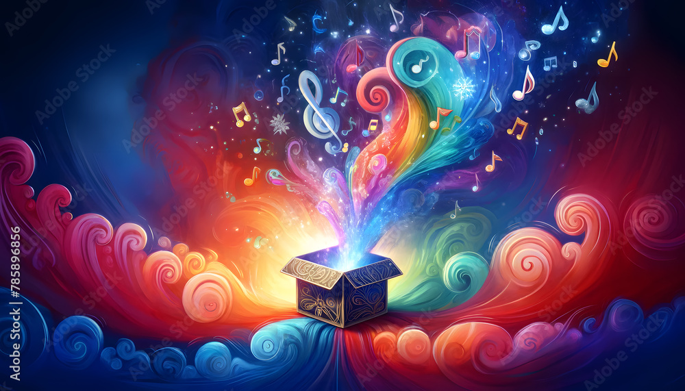 Poster a magical box with glowing golden musical notes floating out from inside it.