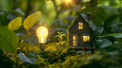 Eco-Friendly Energy Concept with Light Bulb and Green House in Forest