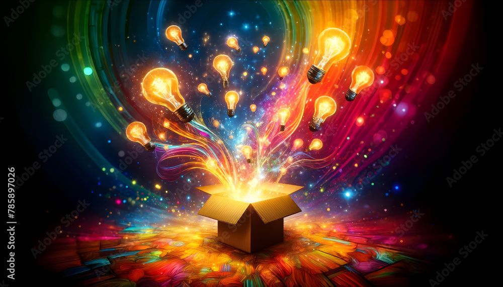 Poster concept of 'think outside the box'. an open glowing box emits a stream of abstract, colorful shapes 