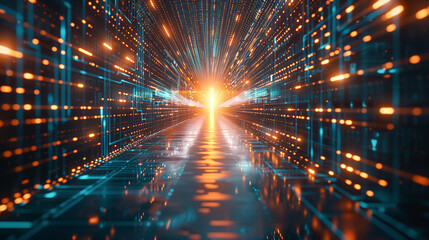 Naklejka premium Futuristic Sci-Fi Corridor with Glowing Lights and High-Tech Structure