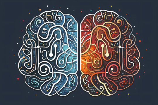 A graphic depicts an AI brain formed from circuit boards in dark blue and white, transitioning to reds, oranges, and yellows, against a gradient navy blue backdrop