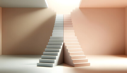Concept of making a choice, A sleek modern staircase splitting into two different directions at a midpoint, against a soft, pastel-colored background.