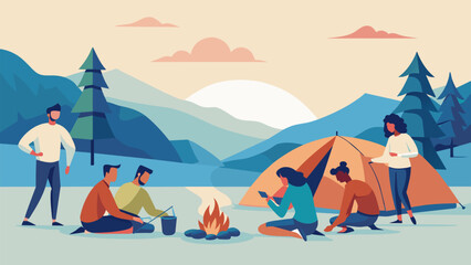 A group of friends learning practical skills from an experienced camping enthusiast such as setting up a tent and starting a fire.