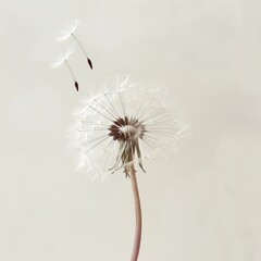 A single dandelion with seeds dispersing in the air, symbolizing change and the fleeting nature of moments.