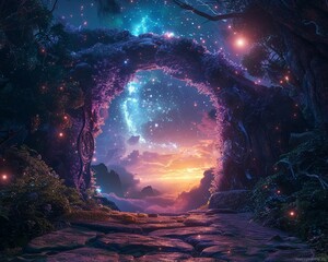 Immersive tech and portal to a magical world, merging realities, twilight, wide angle, fantastical journey